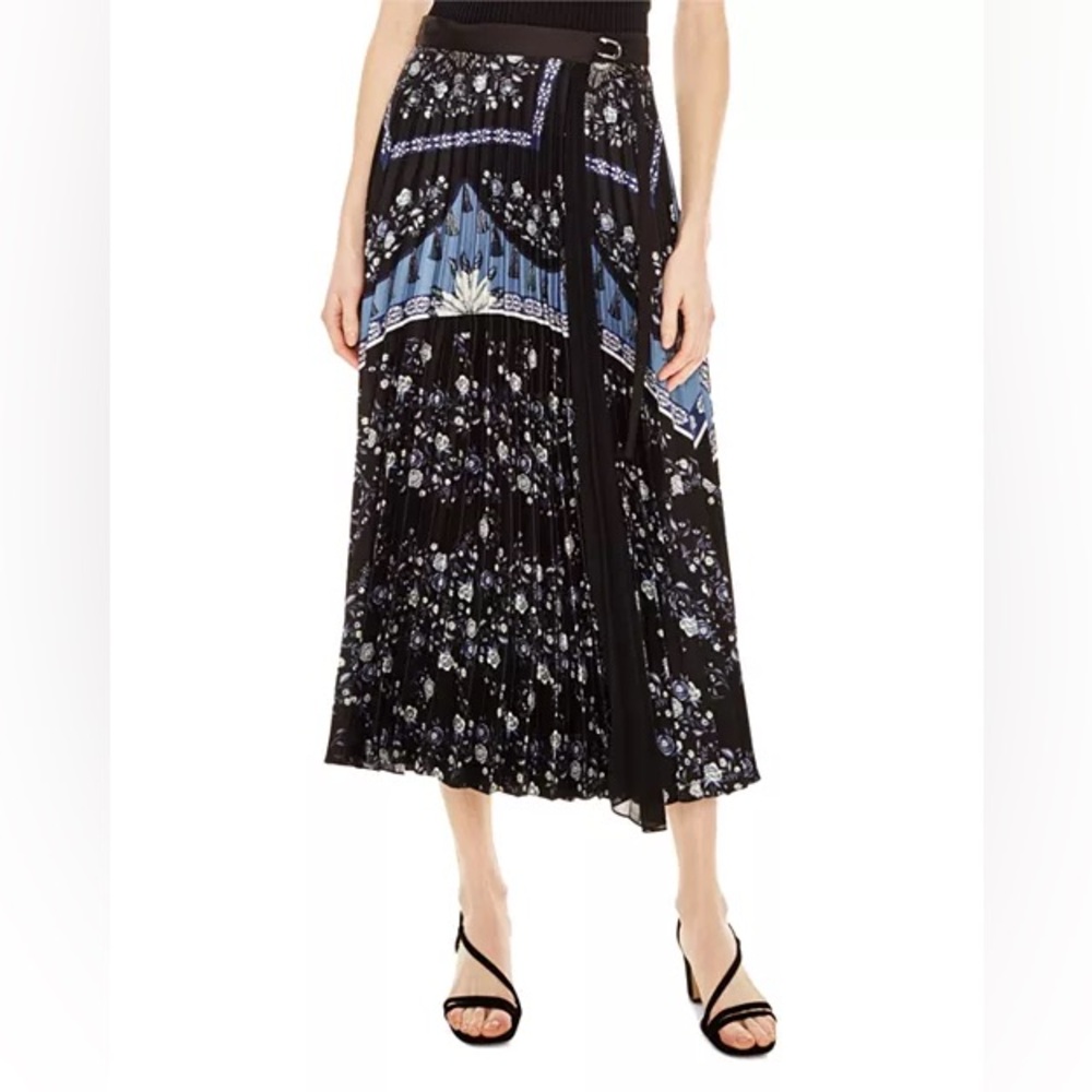 Sandro Paris Floral Pleated Midi Skirt - Black and Blue